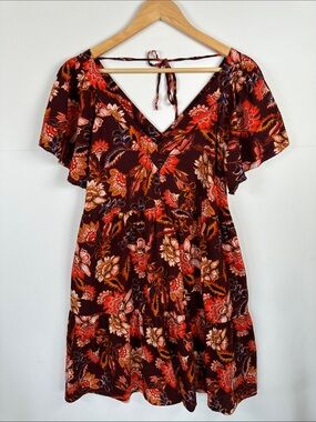 Old Navy Maroon Floral Tiered Mini Dress Flutter Sleeve Pockets M Boho Summer
